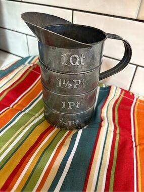 Vintage-Style Metal Measuring Pitcher - Pewter Finish and cloth napkins